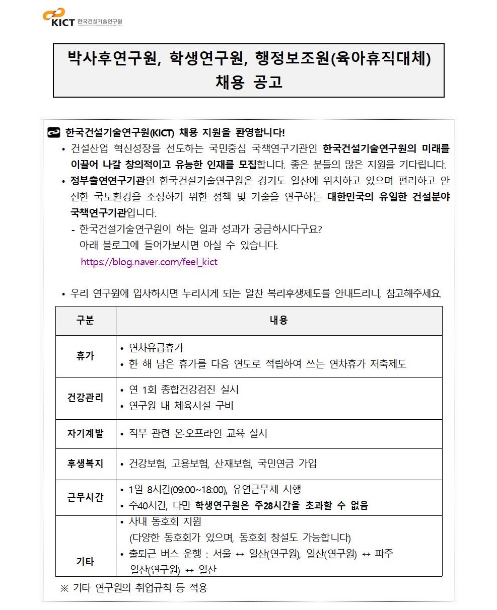 박사후연구원, 학생연구원, 행정보조원(육아휴직대체) 채용 공고