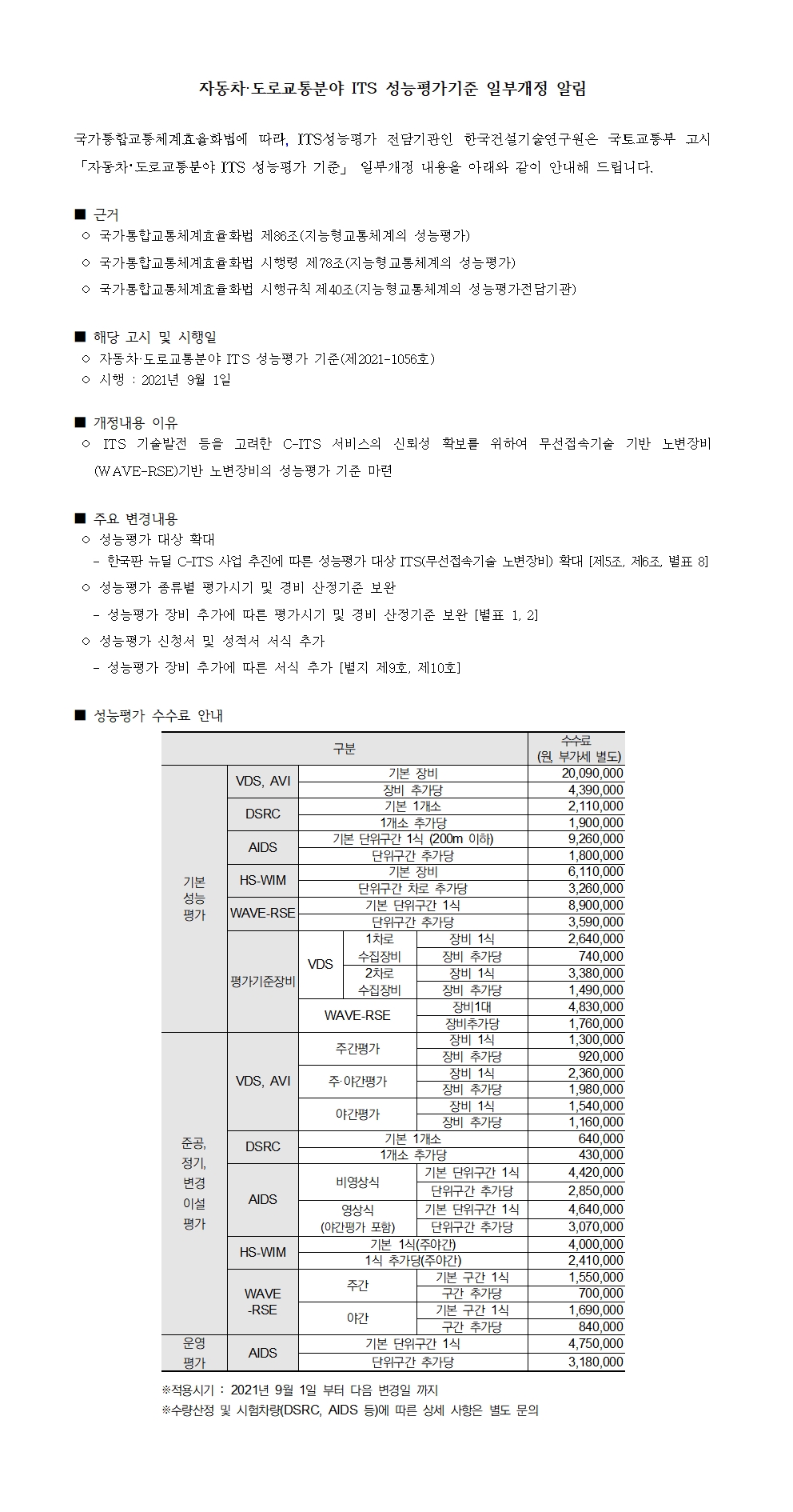 자동차·도로교통분야 ITS 성능평가기준 일부개정 알림