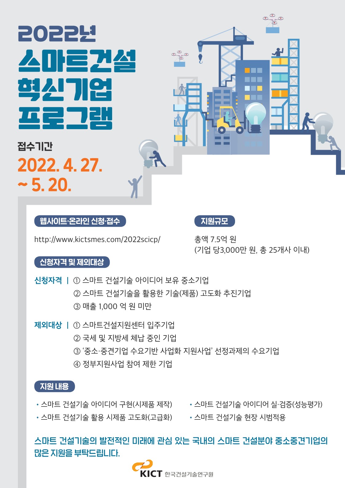 2022년 스마트건설 혁신기업 프로그램 - 접수기간 2022. 4.27. ~ 5. 20.IDHHHH( 웹사이트 온라인 신청·접수지원규모http://www.kictsmes.com/2022scicp/총액 7.5억 원 (기업 당3,000만 원, 총 25개사 이내)신청자격 및 제외대상신청자격 | 1 스마트 건설기술 아이디어 보유 중소기업2 스마트 건설기술을 활용한 기술(제품) 고도화 추진기업 3 매출 1,000 억 원 미만제외대상 | 1 스마트건설지원센터 입주기업2 국세 및 지방세 체납 중인 기업 3 '중소·중견기업 수요기반 사업화 지원사업’ 선정과제의 수요기업 4 정부지원사업 참여 제한 기업지원내용• 스마트 건설기술 아이디어 구현(시제품 제작) • 스마트 건설기술 활용 시제품 고도화(고급화)·스마트 건설기술 아이디어 실·검증(성능평가) · 스마트 건설기술 현장 시범적용스마트 건설기술의 발전적인 미래에 관심 있는 국내의 스마트 건설분야 중소중견기업의 많은 지원을 부탁드립니다.KICT 한국건설기술연구원