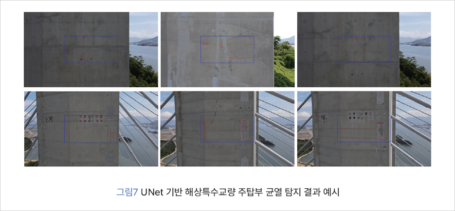 그림 7 UNet 기반 해상특수교량 주탑부 균열 탐지 결과 예시