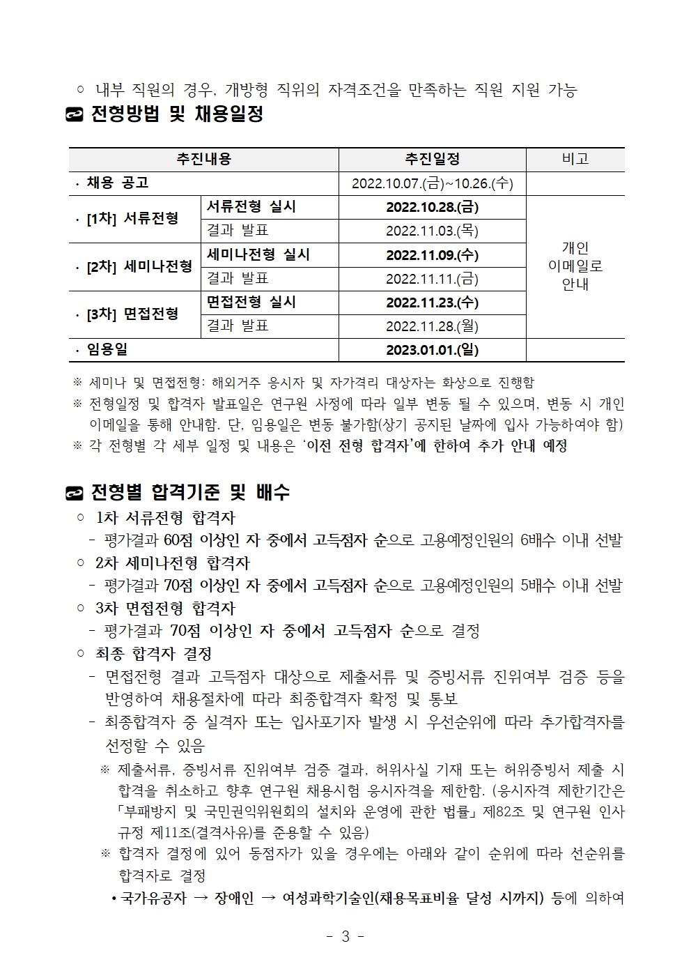  내부 직원의 경우, 개방형 직위의 자격조건을 만족하는 직원 지원 가능전형방법 및 채용일정추진내용 추진일정 비고∙ 채용 공고 2022.10.07.(금)~10.26.(수)∙ [1차] 서류전형 서류전형 실시 2022.10.28.(금)개인이메일로안내결과 발표 2022.11.03.(목)∙ [2차] 세미나전형 세미나전형 실시 2022.11.09.(수)결과 발표 2022.11.11.(금)∙ [3차] 면접전형 면접전형 실시 2022.11.23.(수)결과 발표 2022.11.28.(월) ∙ 임용일 2023.01.01.(일)※ 세미나 및 면접전형: 해외거주 응시자 및 자가격리 대상자는 화상으로 진행함※ 전형일정 및 합격자 발표일은 연구원 사정에 따라 일부 변동 될 수 있으며, 변동 시 개인이메일을 통해 안내함. 단, 임용일은 변동 불가함(상기 공지된 날짜에 입사 가능하여야 함)※ 각 전형별 각 세부 일정 및 내용은 ‘이전 전형 합격자’에 한하여 추가 안내 예정전형별 합격기준 및 배수◦ 1차 서류전형 합격자 - 평가결과 60점 이상인 자 중에서 고득점자 순으로 고용예정인원의 6배수 이내 선발◦ 2차 세미나전형 합격자 - 평가결과 70점 이상인 자 중에서 고득점자 순으로 고용예정인원의 5배수 이내 선발◦ 3차 면접전형 합격자 - 평가결과 70점 이상인 자 중에서 고득점자 순으로 결정◦ 최종 합격자 결정 - 면접전형 결과 고득점자 대상으로 제출서류 및 증빙서류 진위여부 검증 등을반영하여 채용절차에 따라 최종합격자 확정 및 통보 - 최종합격자 중 실격자 또는 입사포기자 발생 시 우선순위에 따라 추가합격자를선정할 수 있음 ※ 제출서류, 증빙서류 진위여부 검증 결과, 허위사실 기재 또는 허위증빙서 제출 시합격을 취소하고 향후 연구원 채용시험 응시자격을 제한함. (응시자격 제한기간은「부패방지 및 국민권익위원회의 설치와 운영에 관한 법률」 제82조 및 연구원 인사규정 제11조(결격사유)를 준용할 수 있음) ※ 합격자 결정에 있어 동점자가 있을 경우에는 아래와 같이 순위에 따라 선순위를합격자로 결정 ∙국가유공자 → 장애인 → 여성과학기술인(채용목표비율 달성 시까지) 등에 의하여