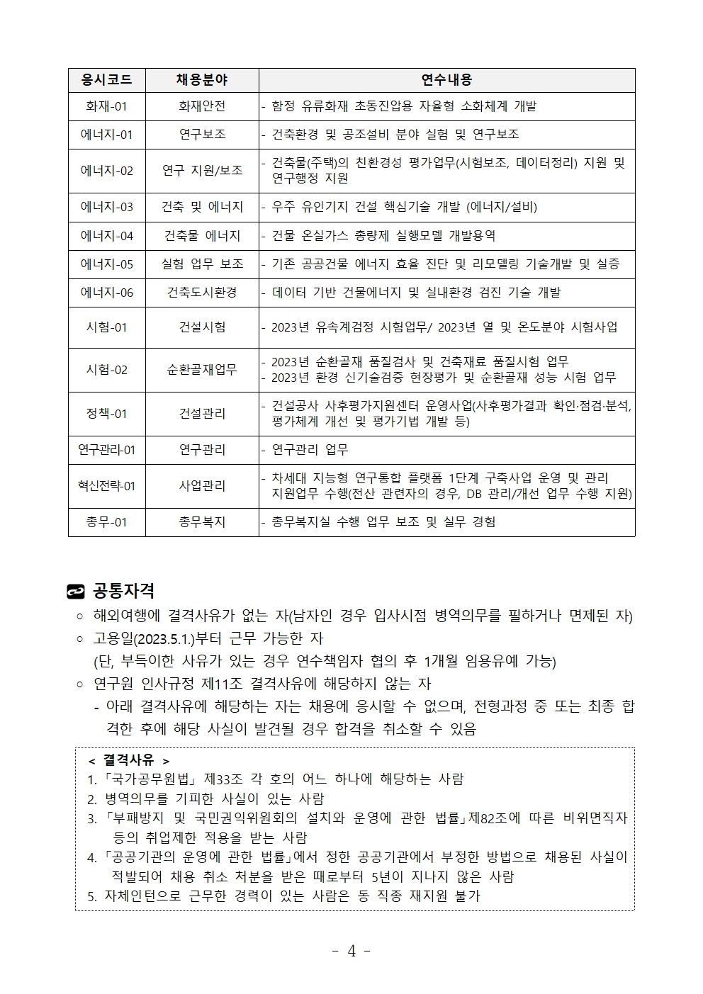 응시코드	채용분야	연수내용 화재-01	화재안전	- 함정 유류화재 초동진압용 자율형 소화체계 개발에너지-01	연구보조	- 건축환경 및 공조설비 분야 실험 및 연구보조에너지-02	연구 지원/보조	- 건축물(주택)의 친환경성 평가업무(시험보조, 데이터정리) 지원 및 연구행정 지원에너지-03	건축 및 에너지	- 우주 유인기지 건설 핵심기술 개발 (에너지/설비)에너지-04	건축물 에너지	- 건물 온실가스 총량제 실행모델 개발용역에너지-05	실험 업무 보조	- 기존 공공건물 에너지 효율 진단 및 리모델링 기술개발 및 실증에너지-06	건축도시환경	- 데이터 기반 건물에너지 및 실내환경 검진 기술 개발시험-01	건설시험	- 2023년 유속계검정 시험업무/ 2023년 열 및 온도분야 시험사업시험-02	순환골재업무	- 2023년 순환골재 품질검사 및 건축재료 품질시험 업무- 2023년 환경 신기술검증 현장평가 및 순환골재 성능 시험 업무정책-01	건설관리	- 건설공사 사후평가지원센터 운영사업(사후평가결과 확인·점검·분석, 평가체계 개선 및 평가기법 개발 등)연구관리-01	연구관리	- 연구관리 업무혁신전략-01	사업관리	- 차세대 지능형 연구통합 플랫폼 1단계 구축사업 운영 및 관리 지원업무 수행(전산 관련자의 경우, DB 관리/개선 업무 수행 지원)총무-01	총무복지	- 총무복지실 수행 업무 보조 및 실무 경험 공통자격 ◦ 해외여행에 결격사유가 없는 자(남자인 경우 입사시점 병역의무를 필하거나 면제된 자) ◦ 고용일(2023.5.1.)부터 근무 가능한 자    (단, 부득이한 사유가 있는 경우 연수책임자 협의 후 1개월 임용유예 가능) ◦ 연구원 인사규정 제11조 결격사유에 해당하지 않는 자    - 아래 결격사유에 해당하는 자는 채용에 응시할 수 없으며, 전형과정 중 또는 최종 합격한 후에 해당 사실이 발견될 경우 합격을 취소할 수 있음 < 결격사유 > 1. 「국가공무원법」 제33조 각 호의 어느 하나에 해당하는 사람  2. 병역의무를 기피한 사실이 있는 사람  3. 「부패방지 및 국민권익위원회의 설치와 운영에 관한 법률」제82조에 따른 비위면직자 등의 취업제한 적용을 받는 사람  4. 「공공기관의 운영에 관한 법률」에서 정한 공공기관에서 부정한 방법으로 채용된 사실이 적발되어 채용 취소 처분을 받은 때로부터 5년이 지나지 않은 사람  5. 자체인턴으로 근무한 경력이 있는 사람은 동 직종 재지원 불가 < 결격사유 > 1. 「국가공무원법」 제33조 각 호의 어느 하나에 해당하는 사람  2. 병역의무를 기피한 사실이 있는 사람  3. 「부패방지 및 국민권익위원회의 설치와 운영에 관한 법률」제82조에 따른 비위면직자 등의 취업제한 적용을 받는 사람  4. 「공공기관의 운영에 관한 법률」에서 정한 공공기관에서 부정한 방법으로 채용된 사실이 적발되어 채용 취소 처분을 받은 때로부터 5년이 지나지 않은 사람  5. 자체인턴으로 근무한 경력이 있는 사람은 동 직종 재지원 불가