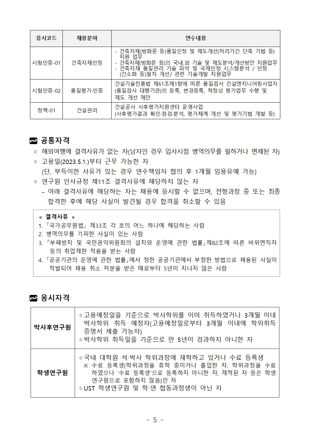 응시코드	채용분야	연수내용 시험인증-01	건축자재인정	- 건축자재(방화문 등)품질인정 및 제도개선(처리기간 단축 기법 등) 지원 업무- 건축자재(방화문 등)의 국내․외 기술 및 제도분석/개선방안 지원업무- 건축자재 품질관리 기술 파악 및 국제인정 시스템분석 / 인정 (간소화 등)절차 개선/ 관련 기술개발 지원업무시험인증-02	품질평가·인증	건설기술진흥법 제61조제1항에 따른 품질검사 건설엔지니어링사업자 (품질검사 대행기관)의 등록, 변경등록, 적정성 평가업무 수행 및 제도 개선 제안정책-01	건설관리	건설공사 사후평가지원센터 운영사업(사후평가결과 확인·점검·분석, 평가체계 개선 및 평가기법 개발 등) 공통자격 ◦ 해외여행에 결격사유가 없는 자(남자인 경우 입사시점 병역의무를 필하거나 면제된 자) ◦ 고용일(2023.5.1.)부터 근무 가능한 자    (단, 부득이한 사유가 있는 경우 연수책임자 협의 후 1개월 임용유예 가능) ◦ 연구원 인사규정 제11조 결격사유에 해당하지 않는 자    - 아래 결격사유에 해당하는 자는 채용에 응시할 수 없으며, 전형과정 중 또는 최종 합격한 후에 해당 사실이 발견될 경우 합격을 취소할 수 있음 < 결격사유 > 1. 「국가공무원법」 제33조 각 호의 어느 하나에 해당하는 사람  2. 병역의무를 기피한 사실이 있는 사람  3. 「부패방지 및 국민권익위원회의 설치와 운영에 관한 법률」제82조에 따른 비위면직자 등의 취업제한 적용을 받는 사람  4. 「공공기관의 운영에 관한 법률」에서 정한 공공기관에서 부정한 방법으로 채용된 사실이 적발되어 채용 취소 처분을 받은 때로부터 5년이 지나지 않은 사람  응시자격 박사후연구원	◦고용예정일을 기준으로 박사학위를 이미 취득하였거나 3개월 이내 박사학위 취득 예정자(고용예정일로부터 3개월 이내에 학위취득 증명서 제출 가능자)◦박사학위 취득일을 기준으로 만 5년이 경과하지 아니한 자학생연구원	◦국내 대학원 석‧박사 학위과정에 재학하고 있거나 수료 등록생  ※ 수료 등록생(학위과정을 휴학 중이거나 졸업한 자, 학위과정을 수료하였으나 ‘수료 등록생'으로 등록하지 아니한 자, 제적된 자 등은 학생연구원으로 포함하지 않음)인 자◦UST 학생연구원 및 학‧연 협동과정생이 아닌 자