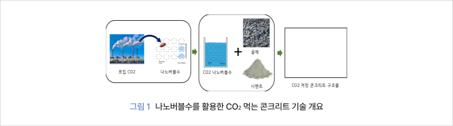 그림 1 나노버블수를 활용한 CO2  먹는 콘크리트 기술 개요