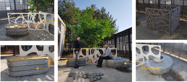 3D-printed bench and irregular-shaped panel